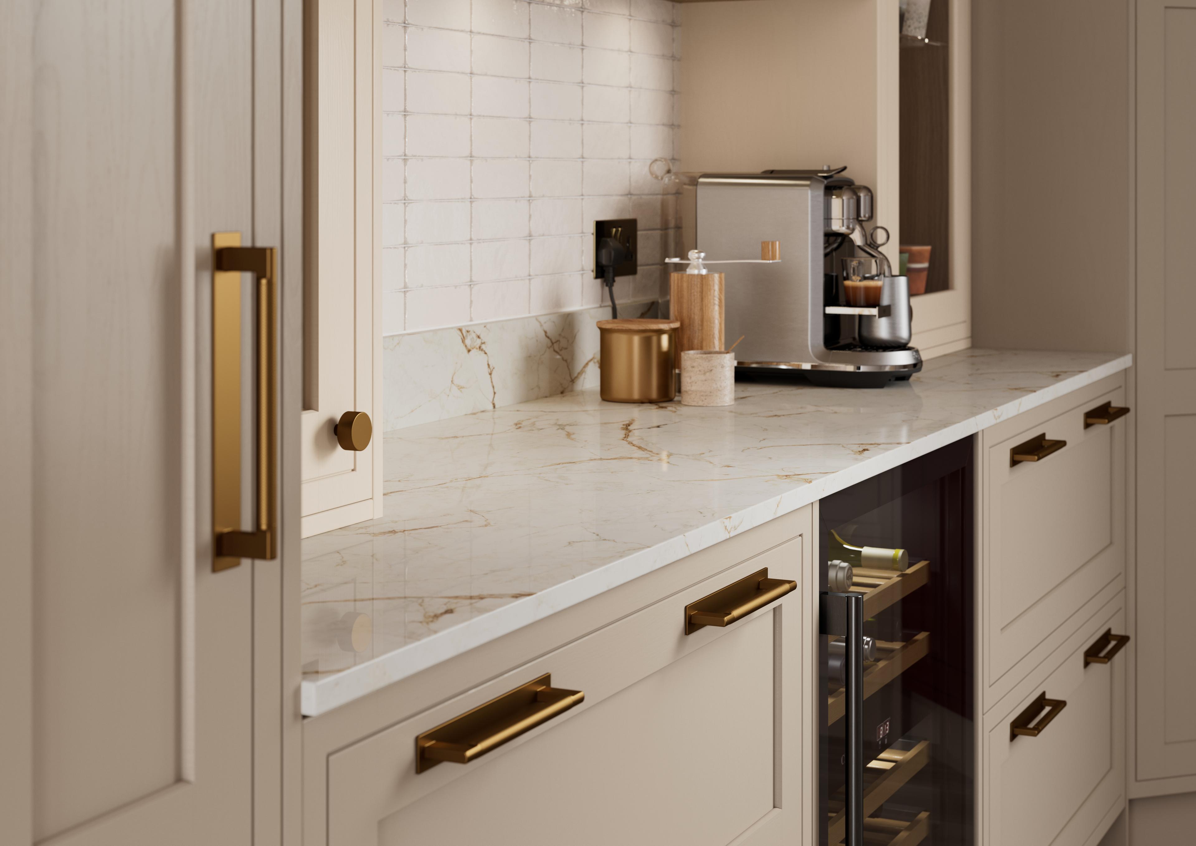 Marlow shaker cabinetry in Barley, close up with coffee machine