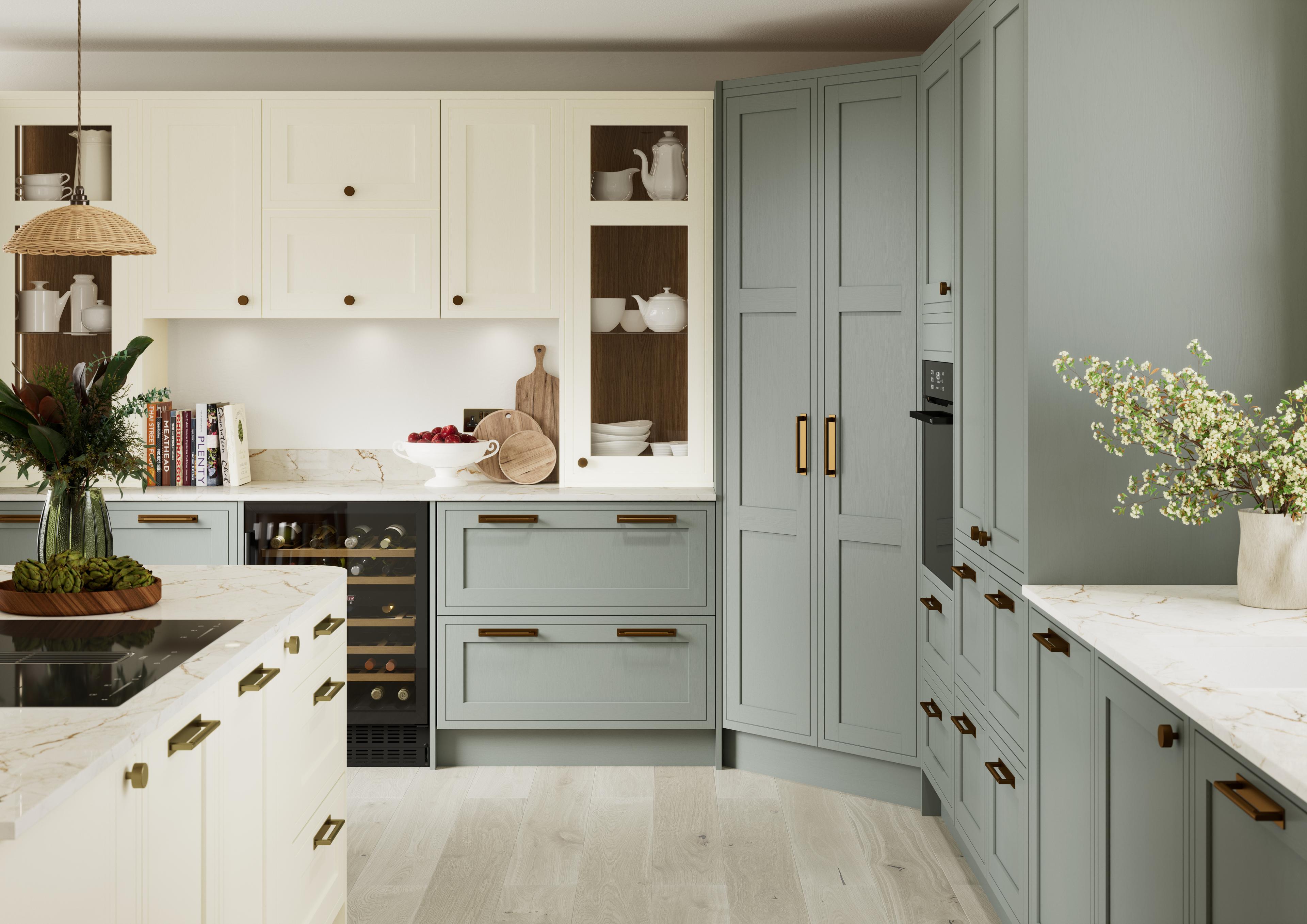 Marlow shaker kitchen in Mineral Green with cream cabinetry